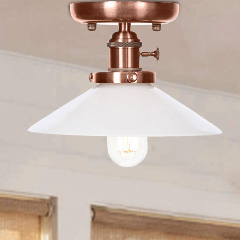 1 Light Opal/Clear Glass Semi Mount Lighting Industrial Antique Copper Cone/Saucer Indoor Ceiling Light White Cone Clearhalo 'Ceiling Lights' 'Close To Ceiling Lights' 'Close to ceiling' 'Glass shade' 'Glass' 'Semi-flushmount' Lighting' 209502