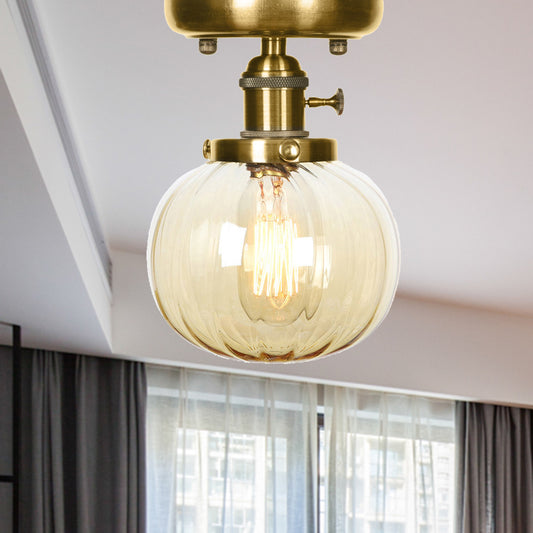 Bronze Globe/Round Semi Flush Light Industrial Clear/Amber Glass 1 Light Living Room Ceiling Lighting Fixture Amber Round Clearhalo 'Ceiling Lights' 'Close To Ceiling Lights' 'Close to ceiling' 'Glass shade' 'Glass' 'Semi-flushmount' Lighting' 209519