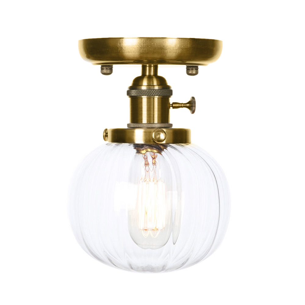 Bronze Globe/Round Semi Flush Light Industrial Clear/Amber Glass 1 Light Living Room Ceiling Lighting Fixture Clearhalo 'Ceiling Lights' 'Close To Ceiling Lights' 'Close to ceiling' 'Glass shade' 'Glass' 'Semi-flushmount' Lighting' 209524