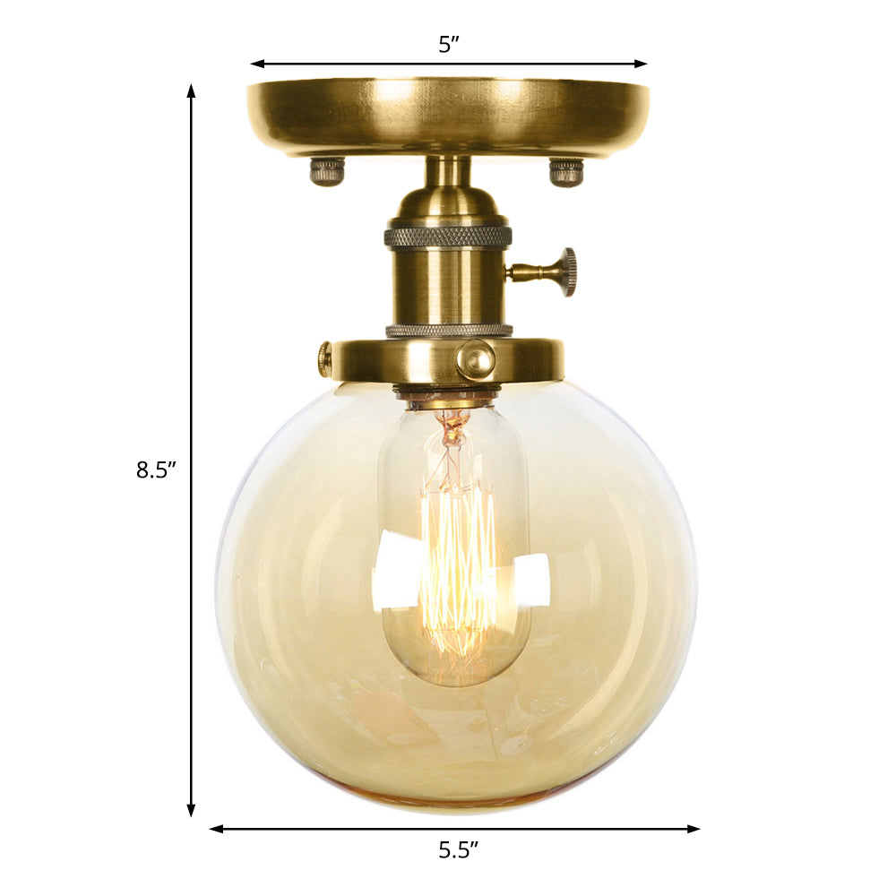 Bronze Globe/Round Semi Flush Light Industrial Clear/Amber Glass 1 Light Living Room Ceiling Lighting Fixture Clearhalo 'Ceiling Lights' 'Close To Ceiling Lights' 'Close to ceiling' 'Glass shade' 'Glass' 'Semi-flushmount' Lighting' 209527