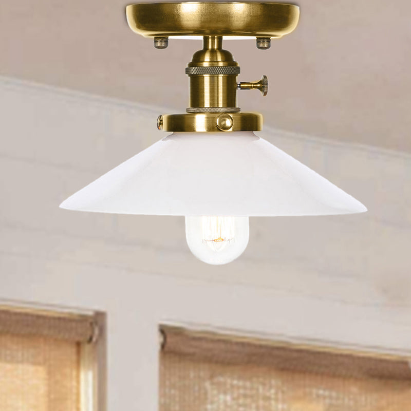 Bronze Cone/Saucer Semi Flush Mount Light Industrial White/Clear Glass 1 Light Living Room Ceiling Lighting Fixture Clearhalo 'Ceiling Lights' 'Close To Ceiling Lights' 'Close to ceiling' 'Glass shade' 'Glass' 'Pendant Lights' 'Semi-flushmount' Lighting' 209551