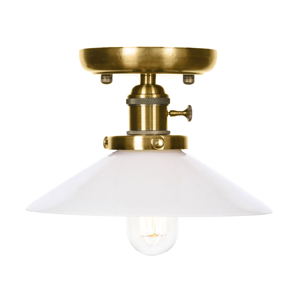 Bronze Cone/Saucer Semi Flush Mount Light Industrial White/Clear Glass 1 Light Living Room Ceiling Lighting Fixture Clearhalo 'Ceiling Lights' 'Close To Ceiling Lights' 'Close to ceiling' 'Glass shade' 'Glass' 'Pendant Lights' 'Semi-flushmount' Lighting' 209552