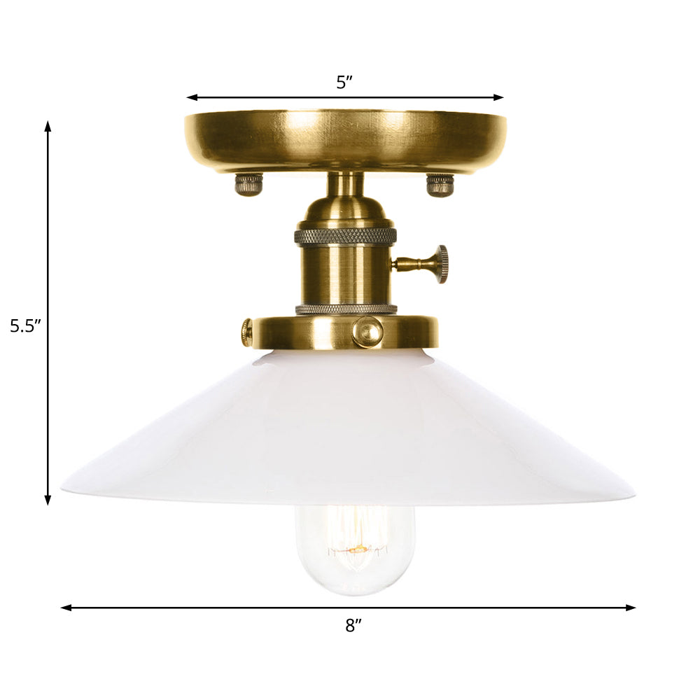 Bronze Cone/Saucer Semi Flush Mount Light Industrial White/Clear Glass 1 Light Living Room Ceiling Lighting Fixture Clearhalo 'Ceiling Lights' 'Close To Ceiling Lights' 'Close to ceiling' 'Glass shade' 'Glass' 'Pendant Lights' 'Semi-flushmount' Lighting' 209553