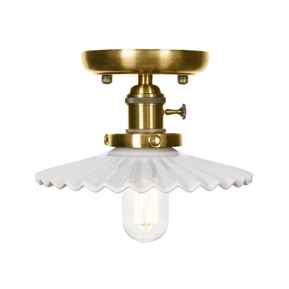 Bronze Cone/Saucer Semi Flush Mount Light Industrial White/Clear Glass 1 Light Living Room Ceiling Lighting Fixture Clearhalo 'Ceiling Lights' 'Close To Ceiling Lights' 'Close to ceiling' 'Glass shade' 'Glass' 'Pendant Lights' 'Semi-flushmount' Lighting' 209555