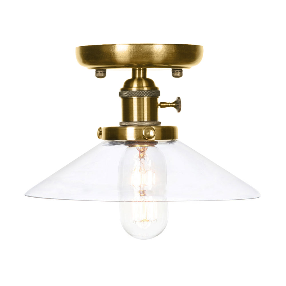 Bronze Cone/Saucer Semi Flush Mount Light Industrial White/Clear Glass 1 Light Living Room Ceiling Lighting Fixture Clearhalo 'Ceiling Lights' 'Close To Ceiling Lights' 'Close to ceiling' 'Glass shade' 'Glass' 'Pendant Lights' 'Semi-flushmount' Lighting' 209558
