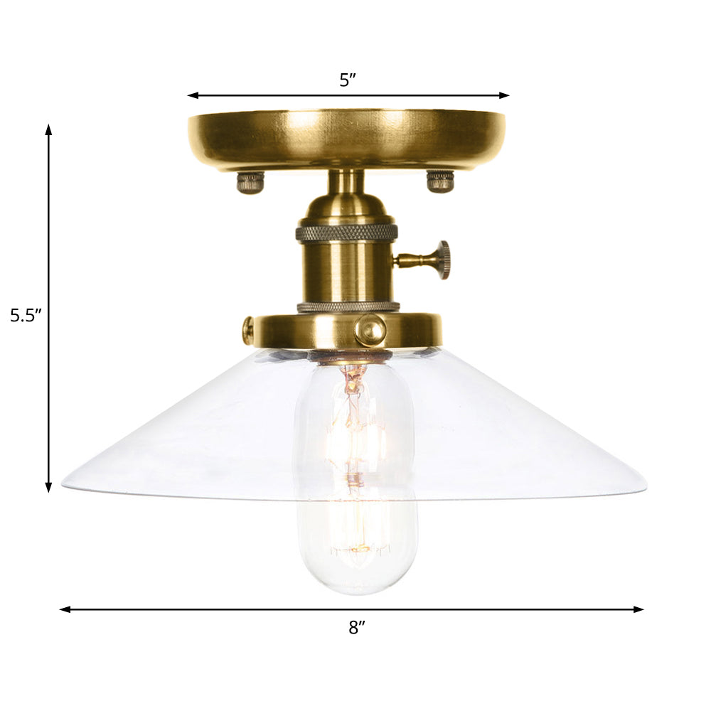 Bronze Cone/Saucer Semi Flush Mount Light Industrial White/Clear Glass 1 Light Living Room Ceiling Lighting Fixture Clearhalo 'Ceiling Lights' 'Close To Ceiling Lights' 'Close to ceiling' 'Glass shade' 'Glass' 'Pendant Lights' 'Semi-flushmount' Lighting' 209559