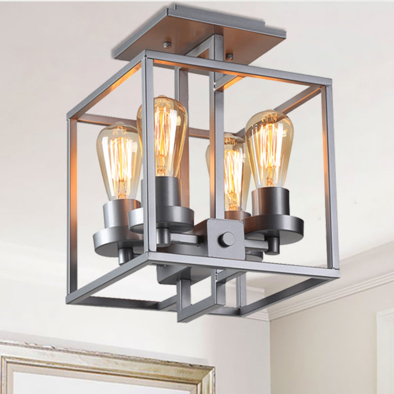 Square Living Room Semi Flush Industrial Style Metal 4 Lights Black/Silver/Gold Ceiling Lighting Silver Clearhalo 'Ceiling Lights' 'Close To Ceiling Lights' 'Close to ceiling' 'Semi-flushmount' Lighting' 209579