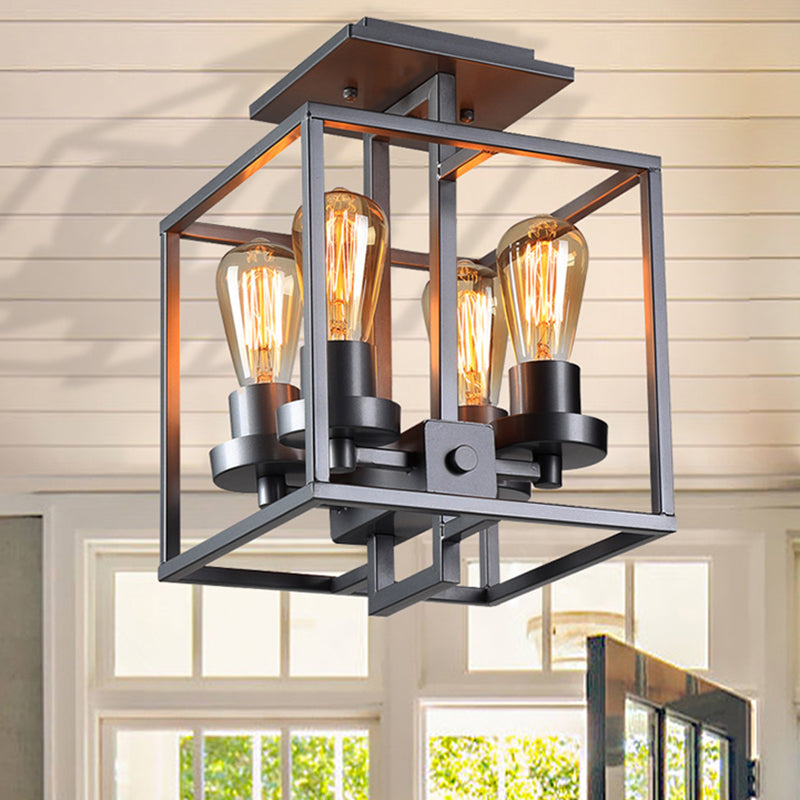 Square Living Room Semi Flush Industrial Style Metal 4 Lights Black/Silver/Gold Ceiling Lighting Clearhalo 'Ceiling Lights' 'Close To Ceiling Lights' 'Close to ceiling' 'Semi-flushmount' Lighting' 209580