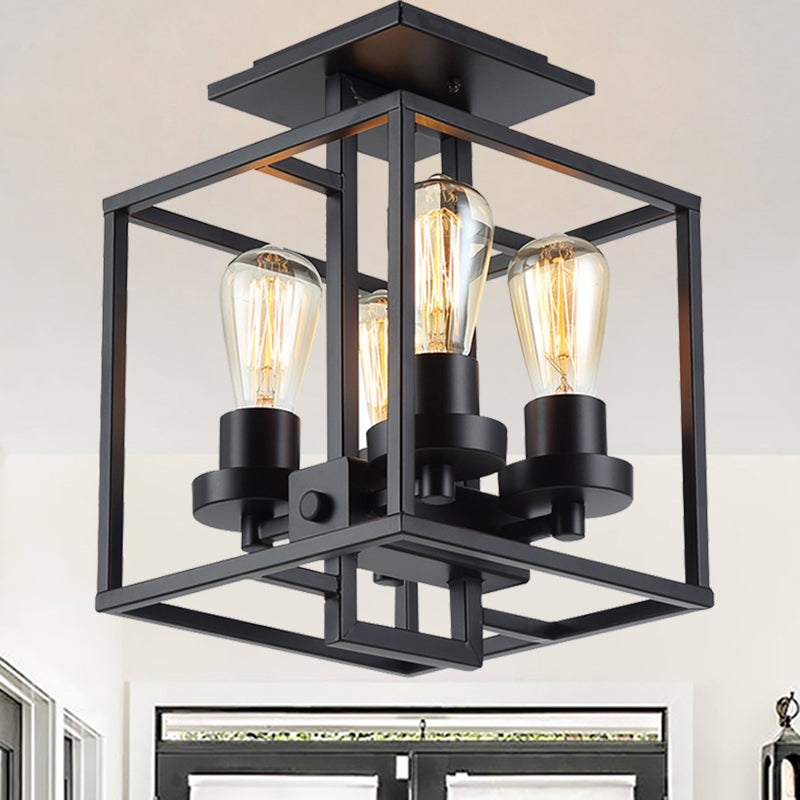 Square Living Room Semi Flush Industrial Style Metal 4 Lights Black/Silver/Gold Ceiling Lighting Black Clearhalo 'Ceiling Lights' 'Close To Ceiling Lights' 'Close to ceiling' 'Semi-flushmount' Lighting' 209584