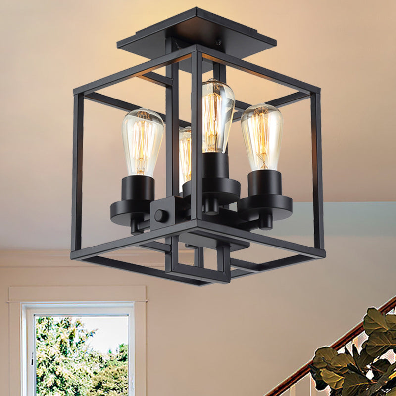 Square Living Room Semi Flush Industrial Style Metal 4 Lights Black/Silver/Gold Ceiling Lighting Clearhalo 'Ceiling Lights' 'Close To Ceiling Lights' 'Close to ceiling' 'Semi-flushmount' Lighting' 209585