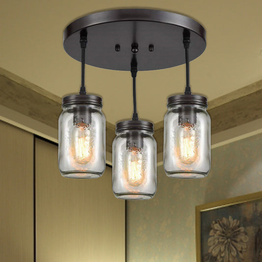 3 Lights Clear Etched Glass Cluster Pendant Light Industrial Black Mason Jar Living Room Ceiling Lighting Clearhalo 'Ceiling Lights' 'Glass shade' 'Glass' 'Industrial Pendants' 'Industrial' 'Middle Century Pendants' 'Pendant Lights' 'Pendants' 'Tiffany' Lighting' 209595