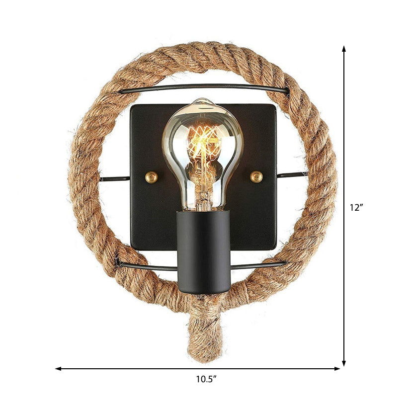 Beige One Light Sconce Light Industrial Rope Round/Oval Shade Wall Lighting Fixture for Dining Room Clearhalo 'Industrial wall lights' 'Industrial' 'Middle century wall lights' 'Tiffany' 'Wall Lamps & Sconces' 'Wall Lights' Lighting' 209665