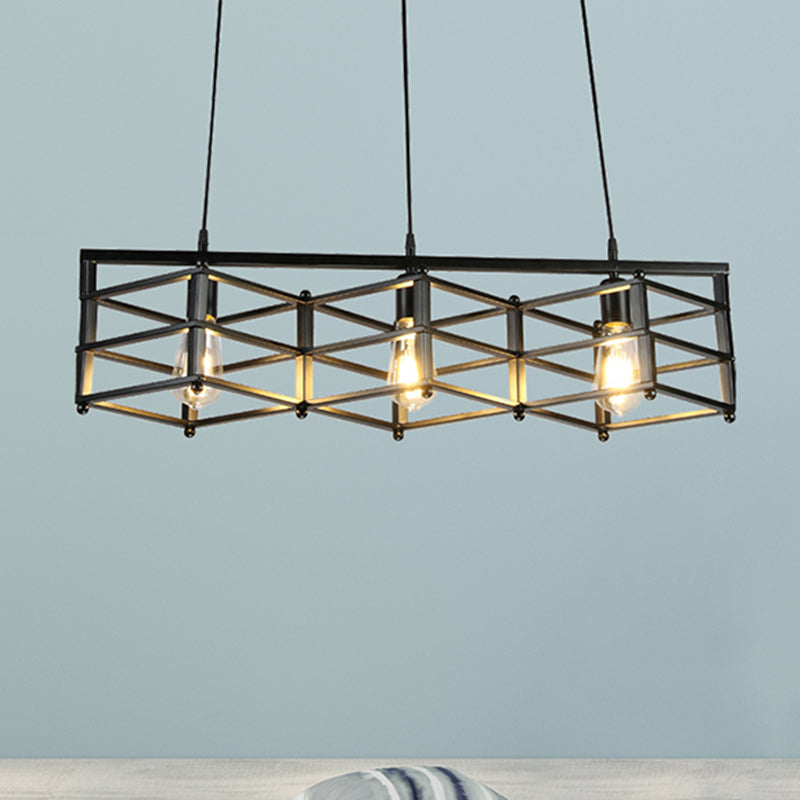 31.5"/32" Dia Linear Metal Island Lighting Industrial 3 Lights Dining Room Hanging Light with Cage Shade in Black Black Clearhalo 'Ceiling Lights' 'Island Lights' Lighting' 209686