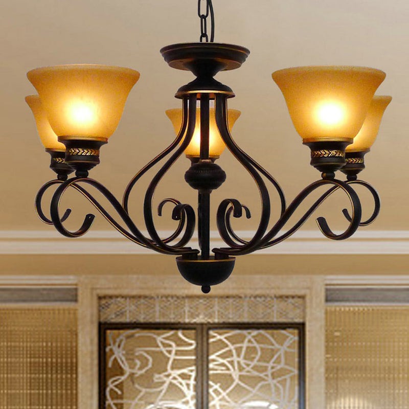5 Lights Beige Frosted Glass Hanging Chandelier Traditional Black Bell Corridor Pendant Light Fixture Black Clearhalo 'Ceiling Lights' 'Chandeliers' Lighting' options 209839_2c9ecd6a-00f6-4089-be21-8812cc6de1d7