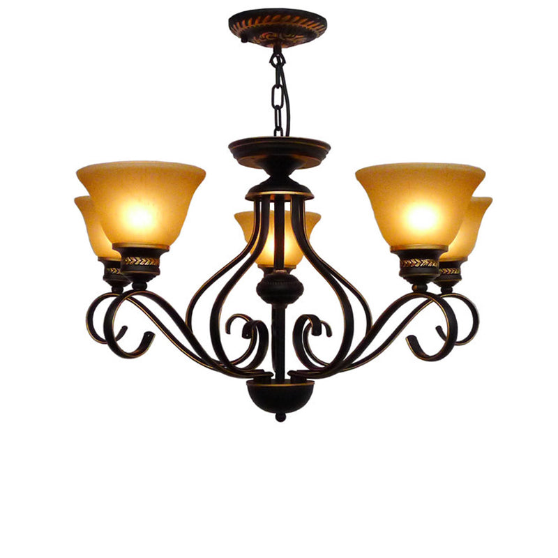 5 Lights Beige Frosted Glass Hanging Chandelier Traditional Black Bell Corridor Pendant Light Fixture Clearhalo 'Ceiling Lights' 'Chandeliers' Lighting' options 209841
