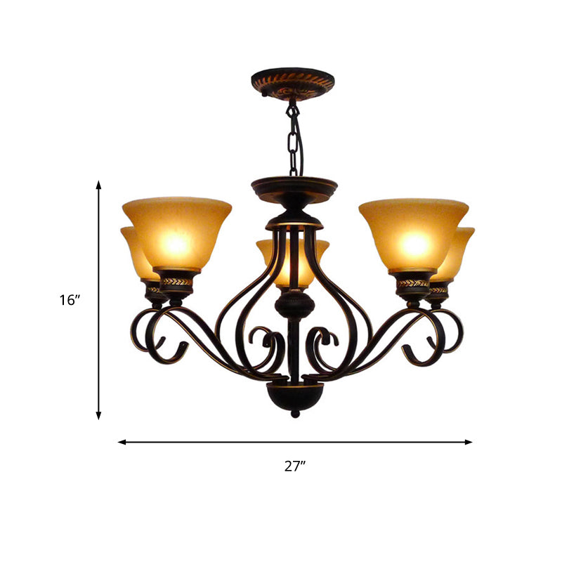 5 Lights Beige Frosted Glass Hanging Chandelier Traditional Black Bell Corridor Pendant Light Fixture Clearhalo 'Ceiling Lights' 'Chandeliers' Lighting' options 209842
