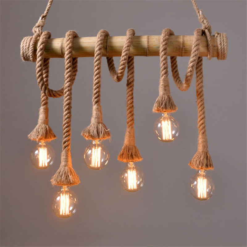 Exposed Bulb Kitchen Pendant Light Fixture Vintage Rope 4/6 Light Beige Hanging Lamp Kit 6 Beige Clearhalo 'Ceiling Lights' 'Island Lights' Lighting' 209929