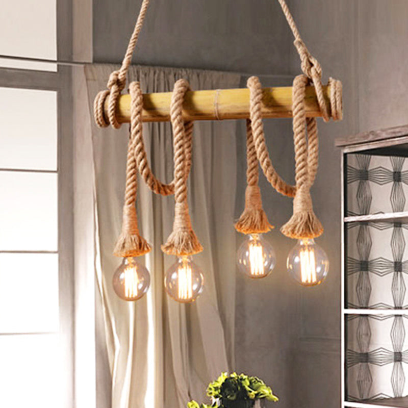 Exposed Bulb Kitchen Pendant Light Fixture Vintage Rope 4/6 Light Beige Hanging Lamp Kit 4 Beige Clearhalo 'Ceiling Lights' 'Island Lights' Lighting' 209933