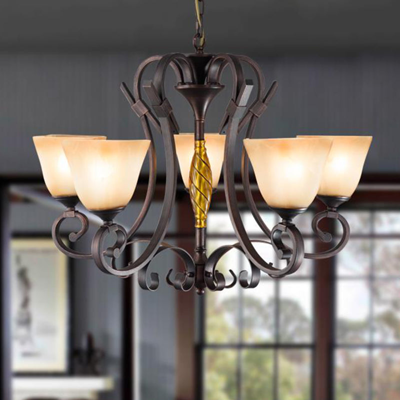 Bell Frosted Glass Chandelier Lighting Classic 5/6/8 Lights Living Room Pendant Lighting in Rust 5 Rust Clearhalo 'Ceiling Lights' 'Chandeliers' Lighting' options 209946_9cfde66c-6cf8-4b2a-a45f-39bfbf37e3b3