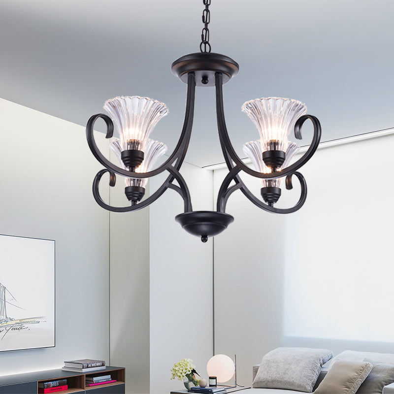 Bell Living Room Ceiling Chandelier Traditional Clear Ribbed Glass 4/6/8 Lights Black Hanging Fixture 4 Black Clearhalo 'Ceiling Lights' 'Chandeliers' Lighting' options 209996_c619f7d8-2cf4-4e23-a7a0-6c08422daf67