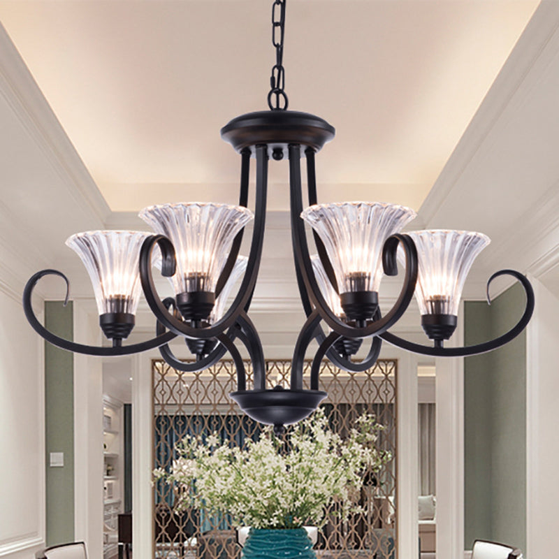 Bell Living Room Ceiling Chandelier Traditional Clear Ribbed Glass 4/6/8 Lights Black Hanging Fixture 6 Black Clearhalo 'Ceiling Lights' 'Chandeliers' Lighting' options 210000_6087e723-565d-486b-bae4-a1570d4cec81