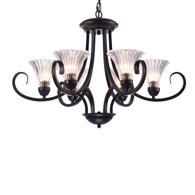 Bell Living Room Ceiling Chandelier Traditional Clear Ribbed Glass 4/6/8 Lights Black Hanging Fixture Clearhalo 'Ceiling Lights' 'Chandeliers' Lighting' options 210001