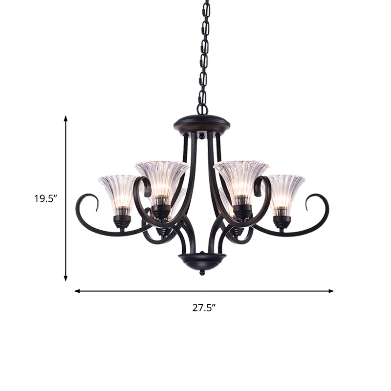 Bell Living Room Ceiling Chandelier Traditional Clear Ribbed Glass 4/6/8 Lights Black Hanging Fixture Clearhalo 'Ceiling Lights' 'Chandeliers' Lighting' options 210002