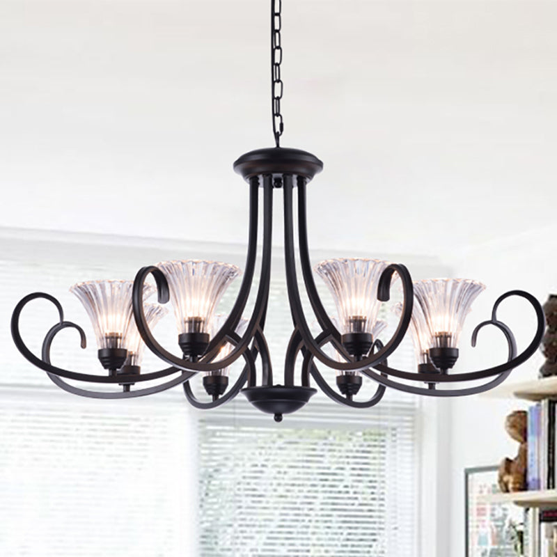 Bell Living Room Ceiling Chandelier Traditional Clear Ribbed Glass 4/6/8 Lights Black Hanging Fixture 8 Black Clearhalo 'Ceiling Lights' 'Chandeliers' Lighting' options 210003_55fd50d4-9348-45ed-9859-61ec7dc59ea3