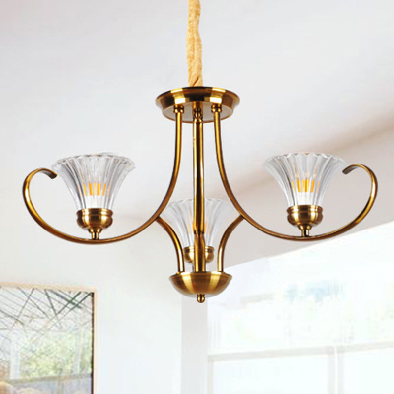 Brass 3/6 Lights Chandelier Light Fixture Classic Clear Ribbed Glass Scroll Pendant Lamp with Bell Shade Clearhalo 'Ceiling Lights' 'Chandeliers' Lighting' options 210020