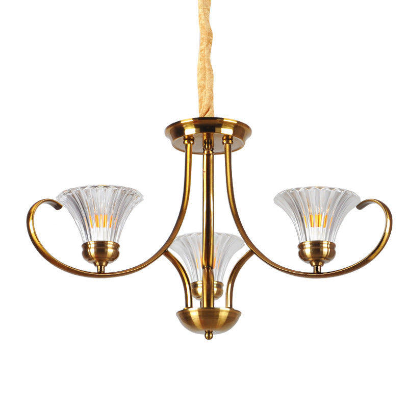 Brass 3/6 Lights Chandelier Light Fixture Classic Clear Ribbed Glass Scroll Pendant Lamp with Bell Shade Clearhalo 'Ceiling Lights' 'Chandeliers' Lighting' options 210021