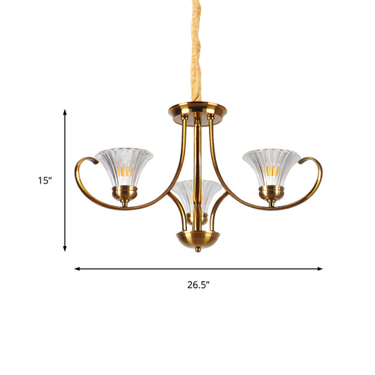 Brass 3/6 Lights Chandelier Light Fixture Classic Clear Ribbed Glass Scroll Pendant Lamp with Bell Shade Clearhalo 'Ceiling Lights' 'Chandeliers' Lighting' options 210022