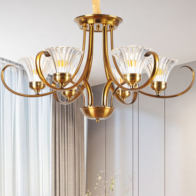 Brass 3/6 Lights Chandelier Light Fixture Classic Clear Ribbed Glass Scroll Pendant Lamp with Bell Shade Clearhalo 'Ceiling Lights' 'Chandeliers' Lighting' options 210023