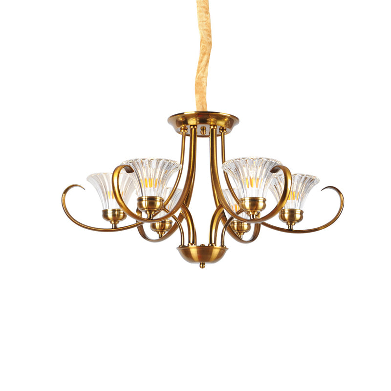 Brass 3/6 Lights Chandelier Light Fixture Classic Clear Ribbed Glass Scroll Pendant Lamp with Bell Shade Clearhalo 'Ceiling Lights' 'Chandeliers' Lighting' options 210024