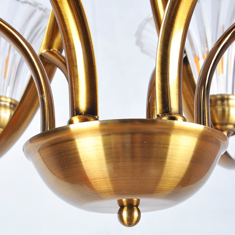 Brass 3/6 Lights Chandelier Light Fixture Classic Clear Ribbed Glass Scroll Pendant Lamp with Bell Shade Clearhalo 'Ceiling Lights' 'Chandeliers' Lighting' options 210026