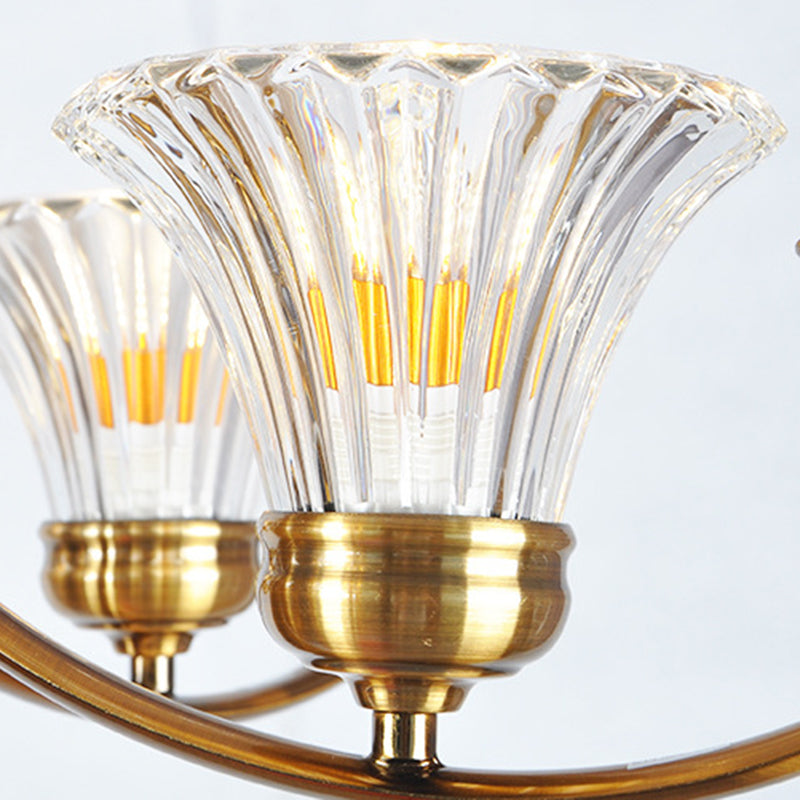 Brass 3/6 Lights Chandelier Light Fixture Classic Clear Ribbed Glass Scroll Pendant Lamp with Bell Shade Clearhalo 'Ceiling Lights' 'Chandeliers' Lighting' options 210027