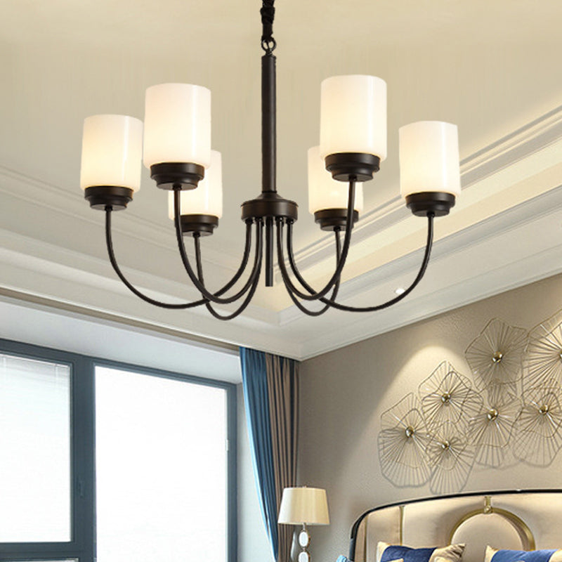 3/6/8 Lights Ceiling Light Traditional Cylinder Opal Glass Hanging Chandelier in Black for Living Room Clearhalo 'Ceiling Lights' 'Chandeliers' Lighting' options 210056