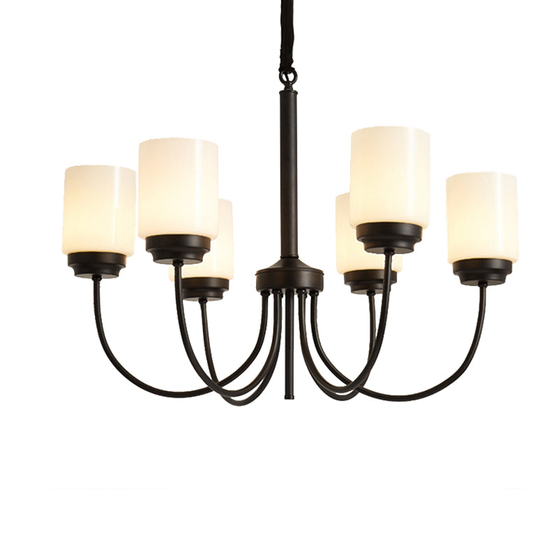 3/6/8 Lights Ceiling Light Traditional Cylinder Opal Glass Hanging Chandelier in Black for Living Room Clearhalo 'Ceiling Lights' 'Chandeliers' Lighting' options 210057