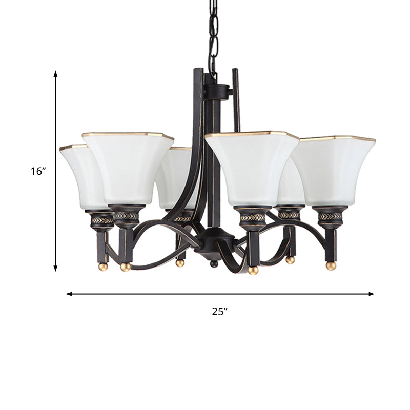 White Glass Bell Hanging Chandelier Traditional 3/6 Lights Living Room Pendant Light in Black Clearhalo 'Ceiling Lights' 'Chandeliers' Lighting' options 210151