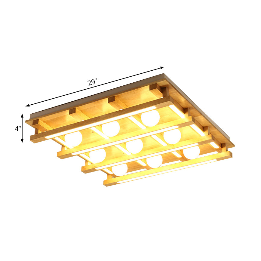 Square Wood Flush Mount Lamp Modern 1/4/9 Lights Led Brown Flush Mount Ceiling Light Fixture with White Glass Ball Shade in White/Warm Light Clearhalo 'Ceiling Lights' 'Close To Ceiling Lights' 'Close to ceiling' 'Flush mount' Lighting' 210227