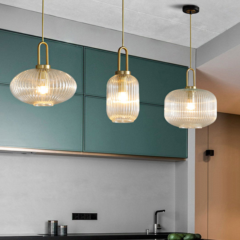 Clear Ribbed Glass Cylindrical/Drum/Globe Pendant Modernist 1 Light 6"/8"/12" Wide Gold Hanging Lamp Fixture for Kitchen Clearhalo 'Ceiling Lights' 'Glass shade' 'Glass' 'Modern Pendants' 'Modern' 'Pendant Lights' 'Pendants' Lighting' 210228