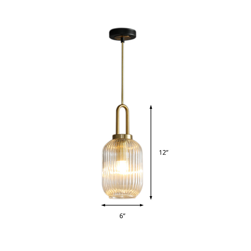 Clear Ribbed Glass Cylindrical/Drum/Globe Pendant Modernist 1 Light 6"/8"/12" Wide Gold Hanging Lamp Fixture for Kitchen Clearhalo 'Ceiling Lights' 'Glass shade' 'Glass' 'Modern Pendants' 'Modern' 'Pendant Lights' 'Pendants' Lighting' 210231