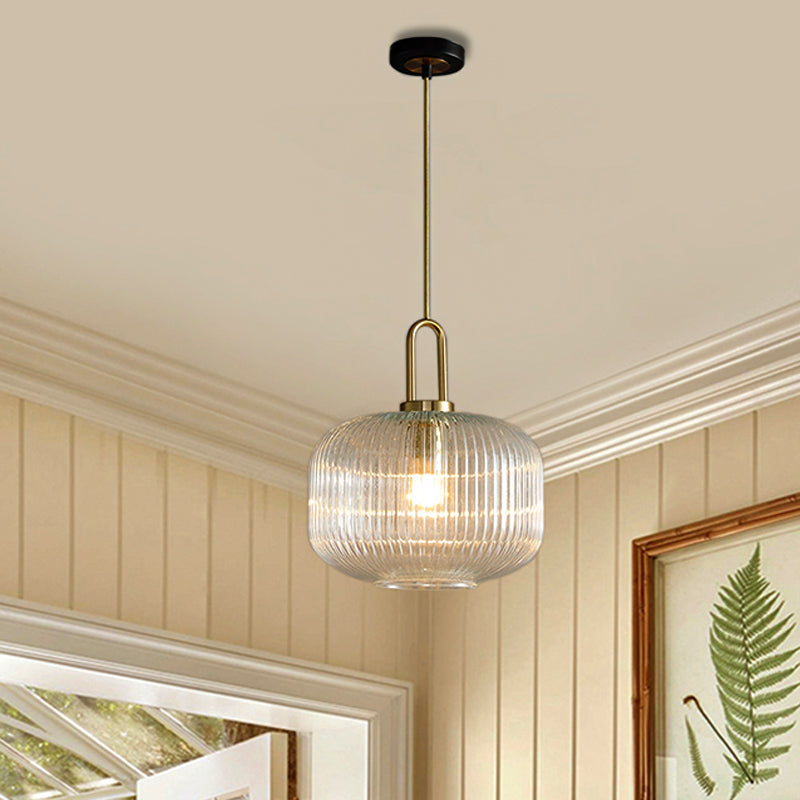 Clear Ribbed Glass Cylindrical/Drum/Globe Pendant Modernist 1 Light 6"/8"/12" Wide Gold Hanging Lamp Fixture for Kitchen Clear 8" Clearhalo 'Ceiling Lights' 'Glass shade' 'Glass' 'Modern Pendants' 'Modern' 'Pendant Lights' 'Pendants' Lighting' 210236