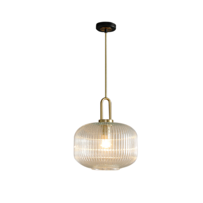 Clear Ribbed Glass Cylindrical/Drum/Globe Pendant Modernist 1 Light 6"/8"/12" Wide Gold Hanging Lamp Fixture for Kitchen Clearhalo 'Ceiling Lights' 'Glass shade' 'Glass' 'Modern Pendants' 'Modern' 'Pendant Lights' 'Pendants' Lighting' 210238