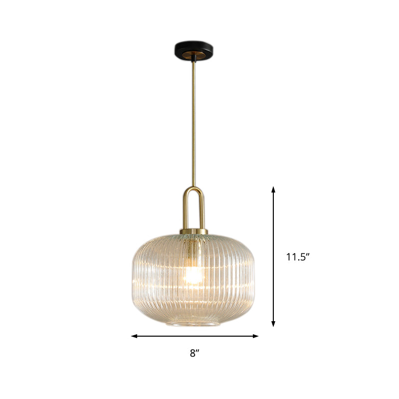 Clear Ribbed Glass Cylindrical/Drum/Globe Pendant Modernist 1 Light 6"/8"/12" Wide Gold Hanging Lamp Fixture for Kitchen Clearhalo 'Ceiling Lights' 'Glass shade' 'Glass' 'Modern Pendants' 'Modern' 'Pendant Lights' 'Pendants' Lighting' 210239