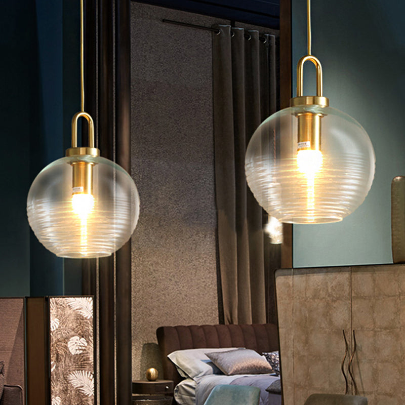 Clear Ribbed Glass Cylindrical/Drum/Globe Pendant Modernist 1 Light 6"/8"/12" Wide Gold Hanging Lamp Fixture for Kitchen Clear 9" Clearhalo 'Ceiling Lights' 'Glass shade' 'Glass' 'Modern Pendants' 'Modern' 'Pendant Lights' 'Pendants' Lighting' 210240