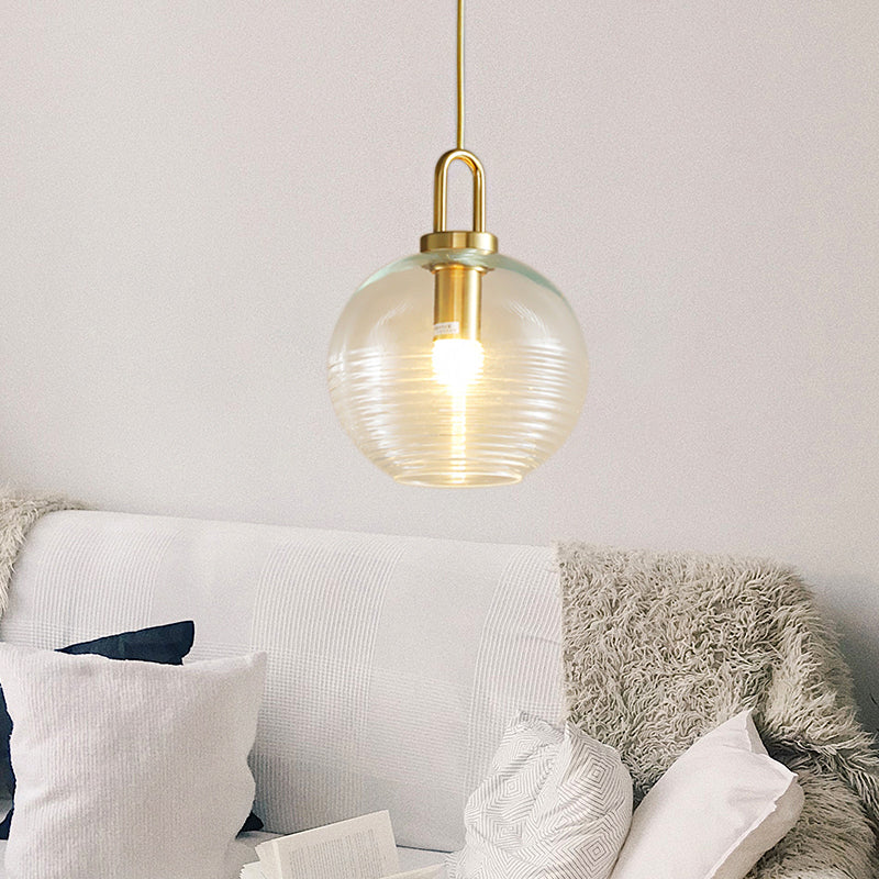 Clear Ribbed Glass Cylindrical/Drum/Globe Pendant Modernist 1 Light 6"/8"/12" Wide Gold Hanging Lamp Fixture for Kitchen Clearhalo 'Ceiling Lights' 'Glass shade' 'Glass' 'Modern Pendants' 'Modern' 'Pendant Lights' 'Pendants' Lighting' 210241