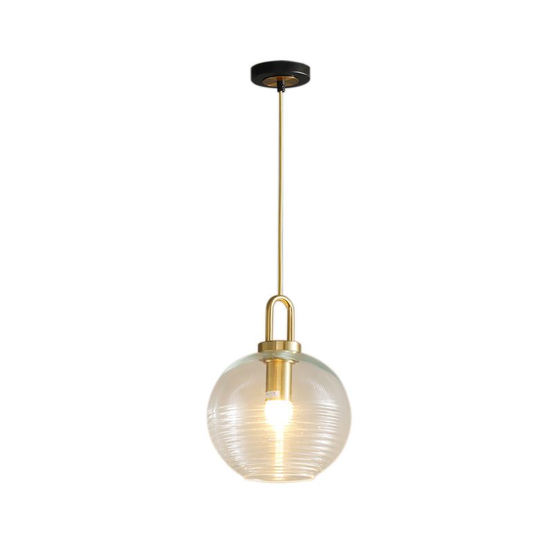 Clear Ribbed Glass Cylindrical/Drum/Globe Pendant Modernist 1 Light 6"/8"/12" Wide Gold Hanging Lamp Fixture for Kitchen Clearhalo 'Ceiling Lights' 'Glass shade' 'Glass' 'Modern Pendants' 'Modern' 'Pendant Lights' 'Pendants' Lighting' 210242