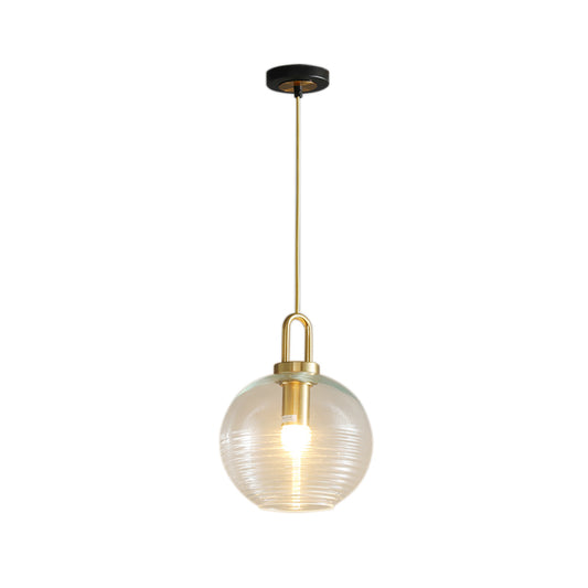 Clear Ribbed Glass Cylindrical/Drum/Globe Pendant Modernist 1 Light 6"/8"/12" Wide Gold Hanging Lamp Fixture for Kitchen Clearhalo 'Ceiling Lights' 'Glass shade' 'Glass' 'Modern Pendants' 'Modern' 'Pendant Lights' 'Pendants' Lighting' 210242