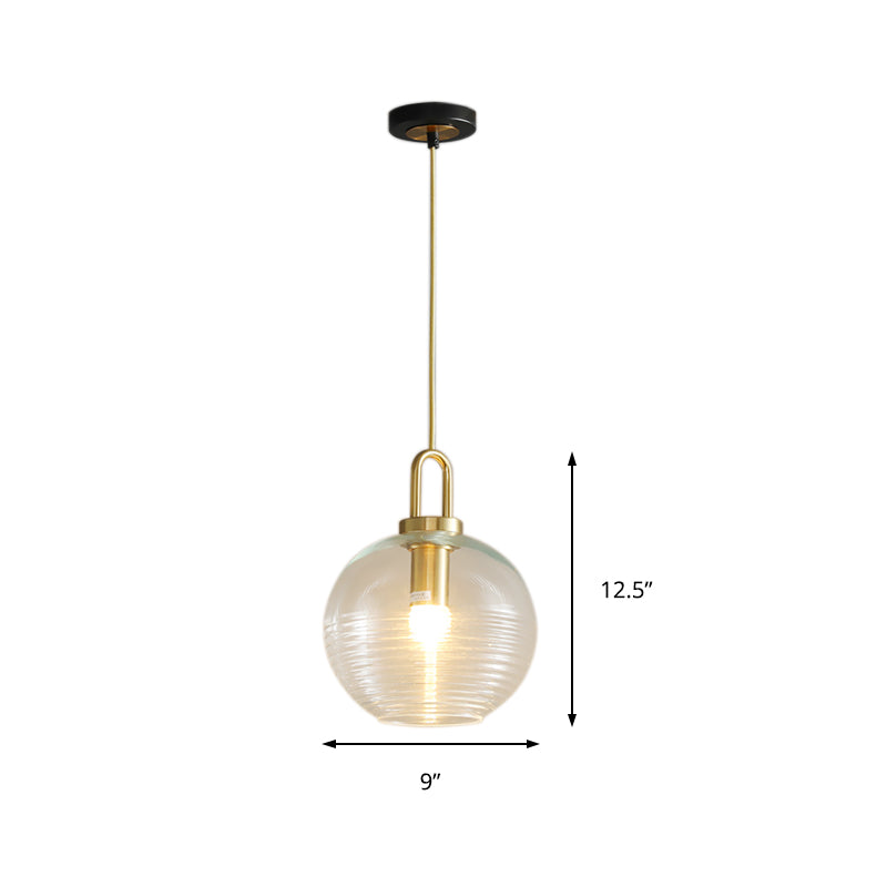 Clear Ribbed Glass Cylindrical/Drum/Globe Pendant Modernist 1 Light 6"/8"/12" Wide Gold Hanging Lamp Fixture for Kitchen Clearhalo 'Ceiling Lights' 'Glass shade' 'Glass' 'Modern Pendants' 'Modern' 'Pendant Lights' 'Pendants' Lighting' 210243