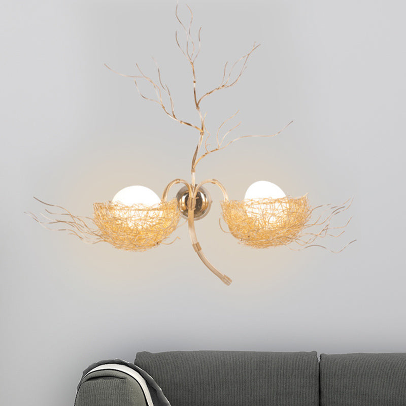 Egg Sconce Light with Gold Nest Design Postmodern White Glass 1 Light Bedside Wall Mounted Light, 19.5"/25.5" Wide Gold 25.5" Clearhalo 'Wall Lamps & Sconces' 'Wall Lights' Lighting' 210316